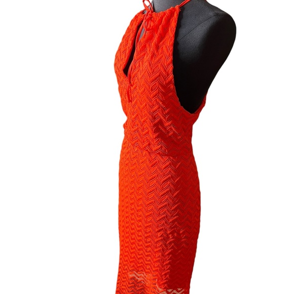 New! MADDEN NYC Adjustable Halter Chevron Lace Texture Orange Midi Dress Large - Picture 8 of 12